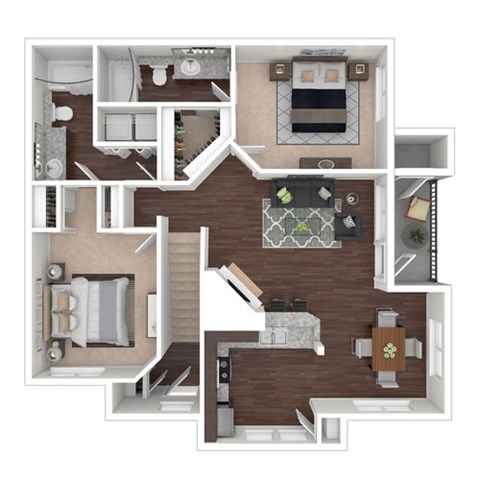 A detailed 3D floor plan of a house showing all rooms and their layouts.